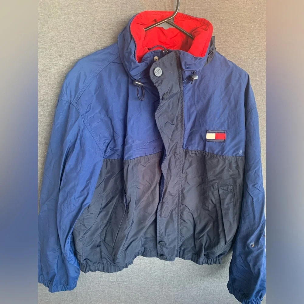 Vintage 90s Tommy Hilfiger Windbreaker Hooded Jacket Colorblock Spellout Small